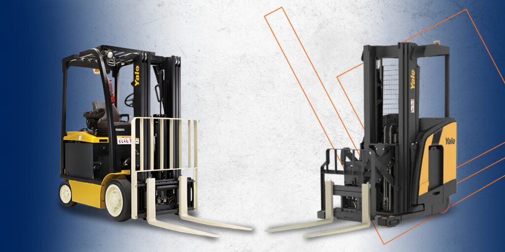 Forklift on the left compared to a reach truck on the right